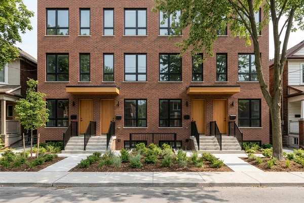 Completed Toronto fourplex exterior with four separate entrances and black metal railings